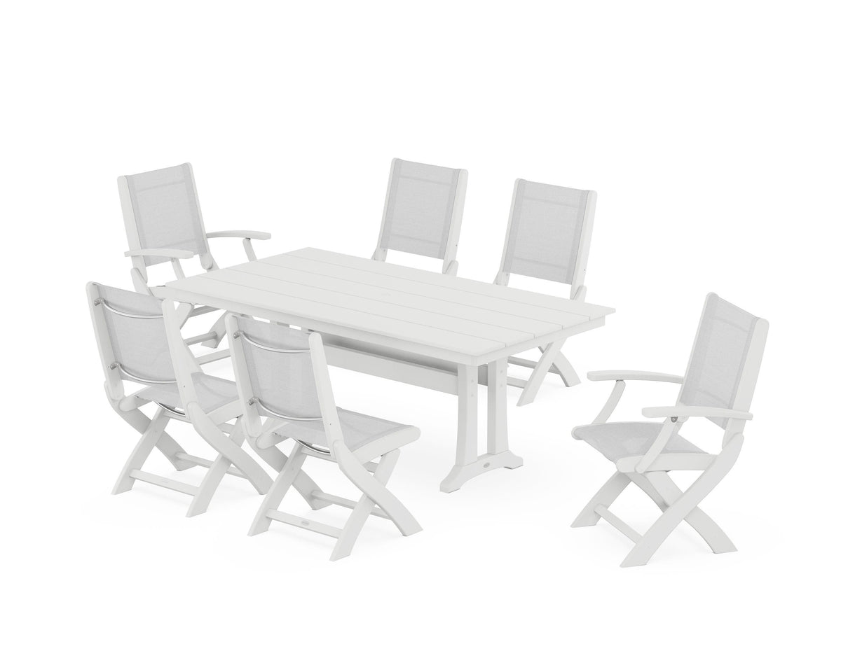 POLYWOOD Coastal Folding Chair 7-Piece Farmhouse Dining Set with Trestle Legs in White / White
