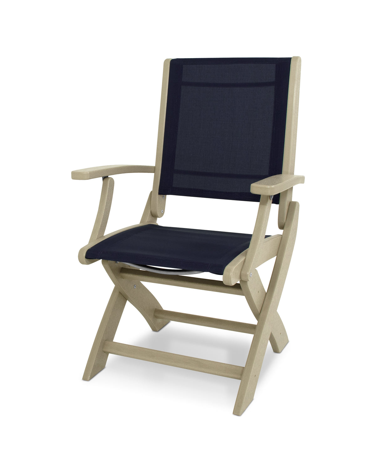 POLYWOOD Coastal Folding Chair in Sand with Sand arms and Navy Blue sling