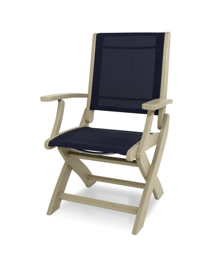 POLYWOOD Coastal Folding Chair in Sand with Sand arms and Navy Blue sling
