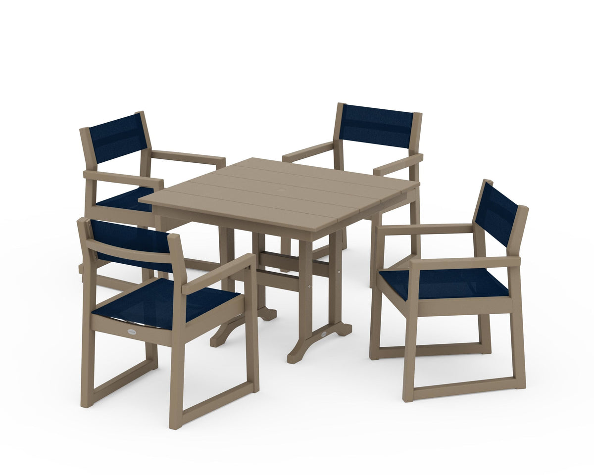 POLYWOOD EDGE Sling Arm Chair 5-Piece Farmhouse Dining Set in Vintage Sahara / Navy Blue