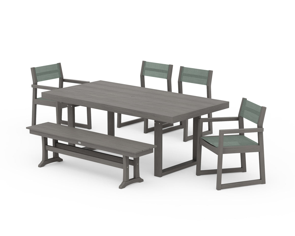 POLYWOOD EDGE Sling 6-Piece Dining Set with Bench in Driftwood / Dupioni Sea Mist