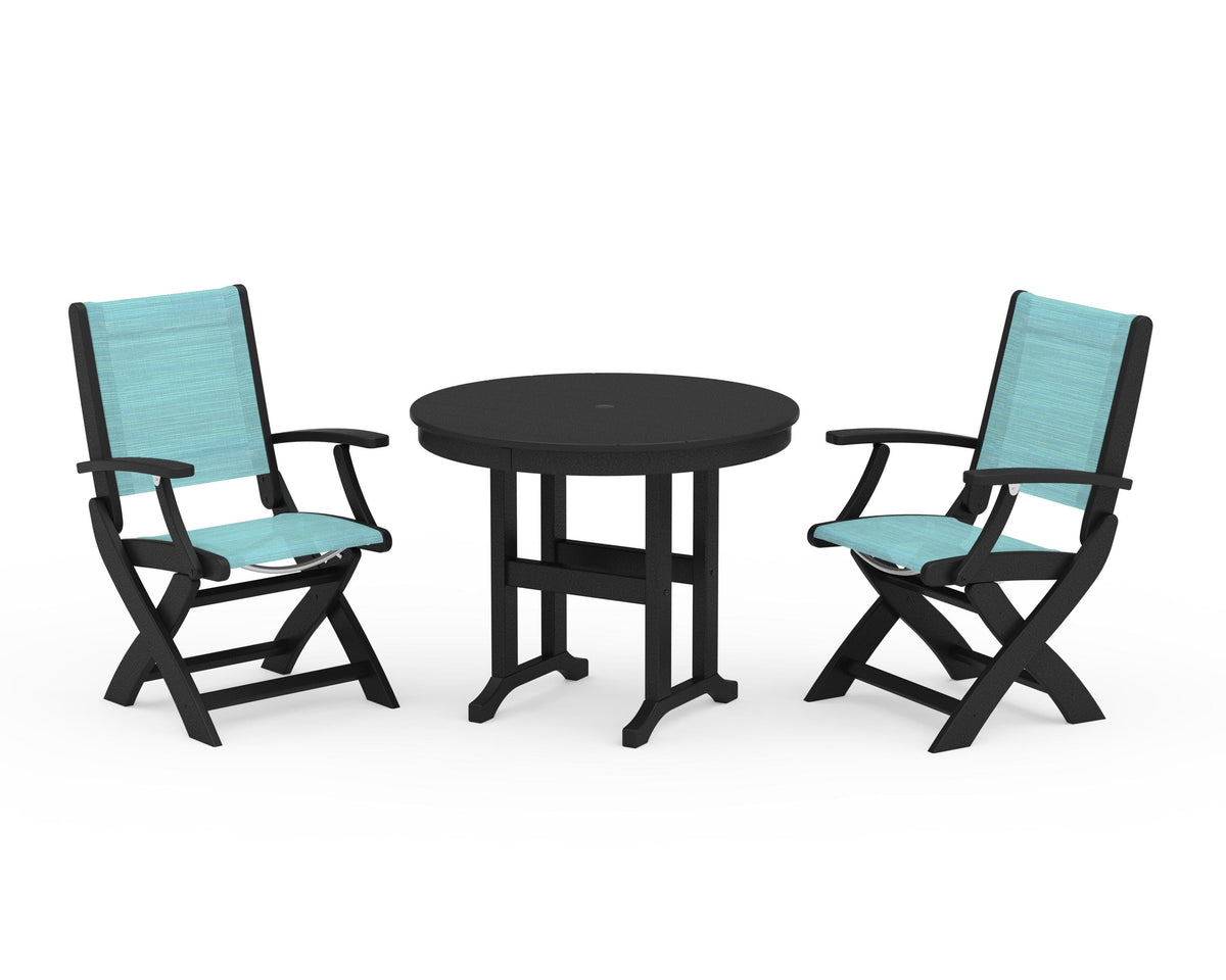 POLYWOOD Coastal Folding Chair 3-Piece Round Dining Set in Black / Dupioni Aquamarine