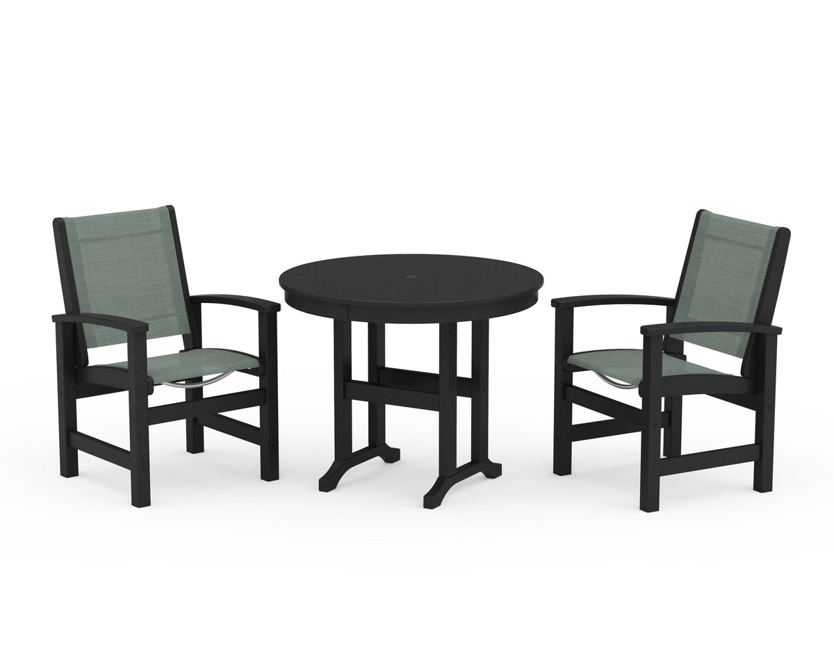 POLYWOOD Coastal 3-Piece Round Dining Set in Black / Dupioni Sea Mist