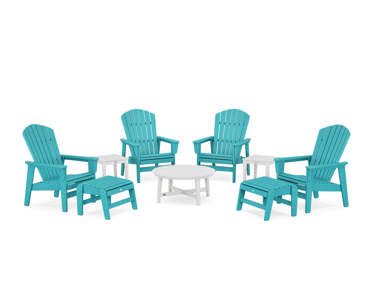 POLYWOOD Nautical Grand Upright Adirondack 9-Piece Conversation Set in Aruba / White