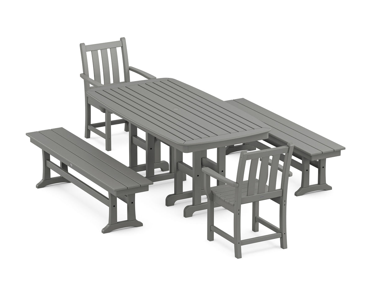 POLYWOOD Traditional Garden 5-Piece Dining Set with Benches - 37" x 72" Table in Slate Grey