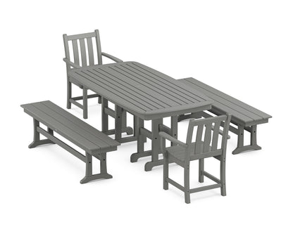 POLYWOOD Traditional Garden 5-Piece Dining Set with Benches - 37" x 72" Table in Slate Grey