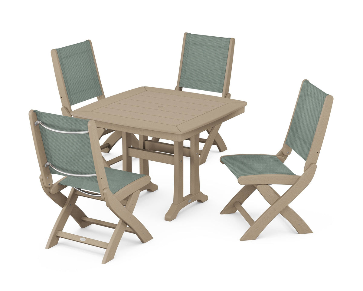 POLYWOOD Coastal Folding Side Chair 5-Piece Dining Set with Trestle Legs in Vintage Sahara / Dupioni Sea Mist