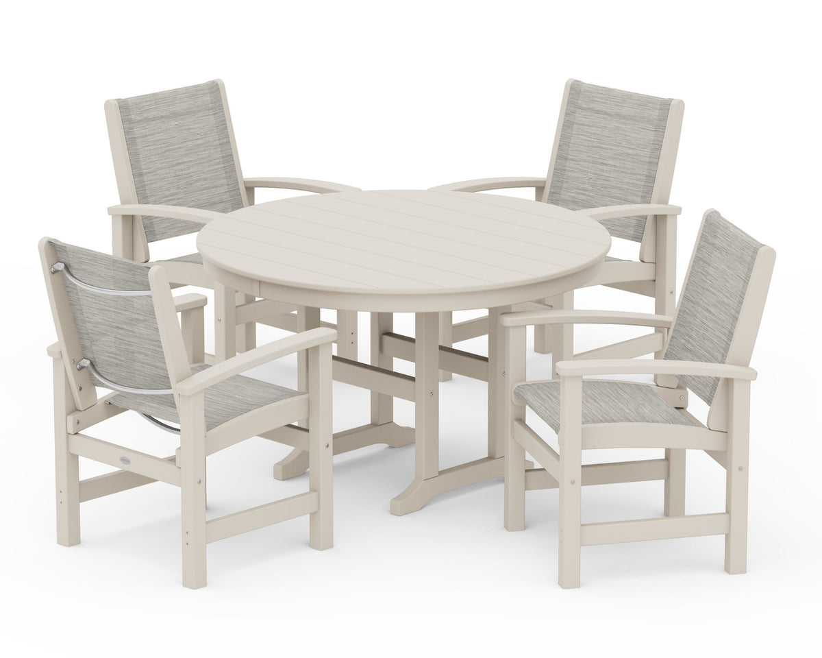 POLYWOOD Coastal 5-Piece Round Farmhouse Dining Set in Sand / Birch