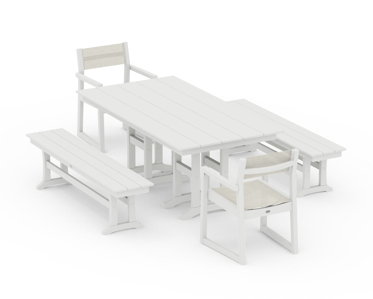 POLYWOOD EDGE Sling Arm Chair 5-Piece Farmhouse Dining Set with Benches in Vintage White / Parchment