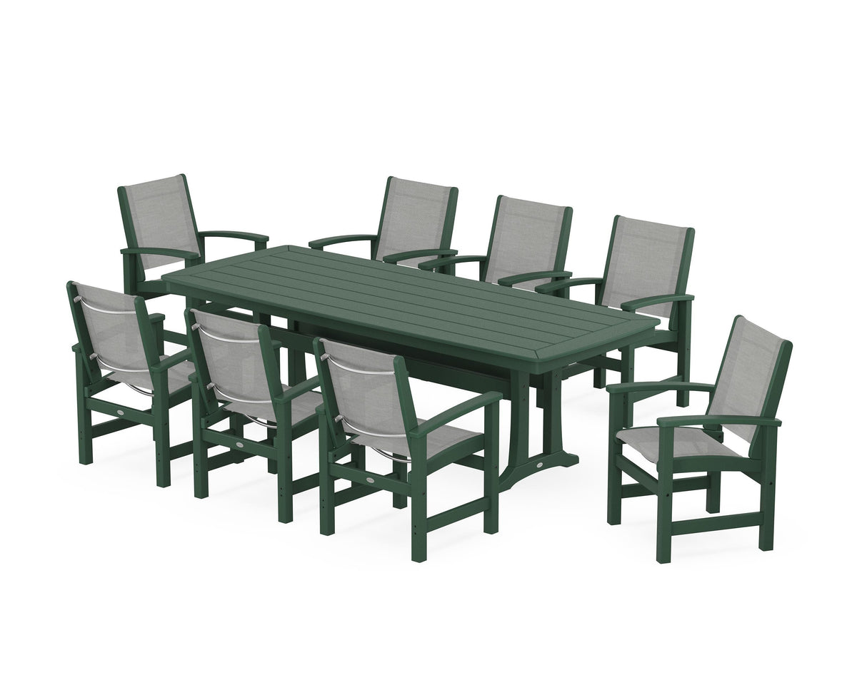 POLYWOOD Coastal 9-Piece Dining Set with Trestle Legs in Green / Metallic