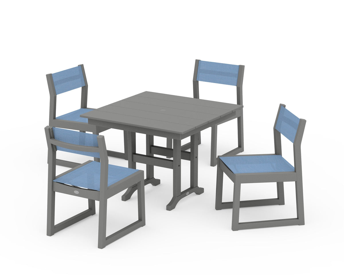 POLYWOOD EDGE Sling Side Chair 5-Piece Farmhouse Dining Set in Slate Grey / Poolside