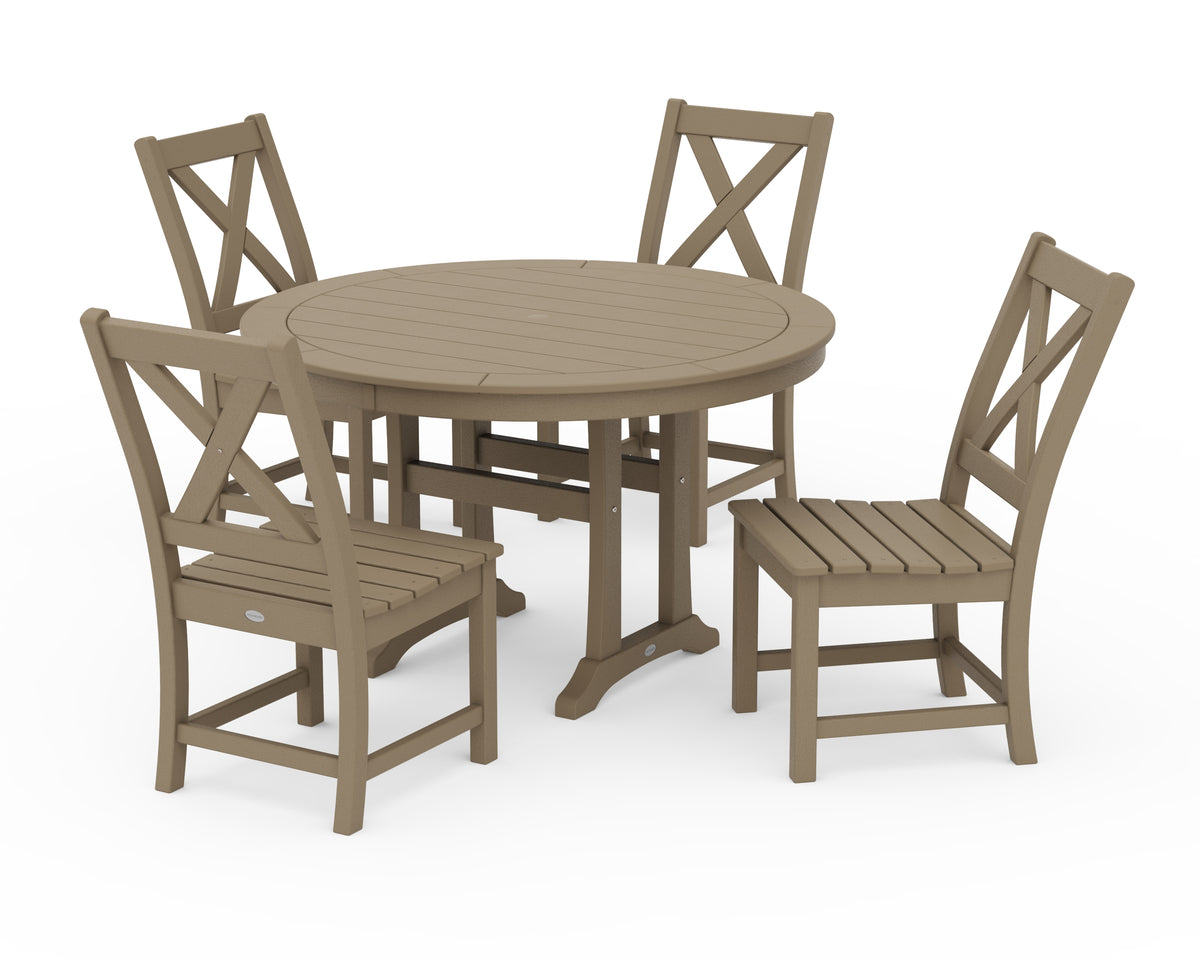 POLYWOOD Braxton Side Chair 5-Piece Round Dining Set with Trestle Legs in Vintage Sahara