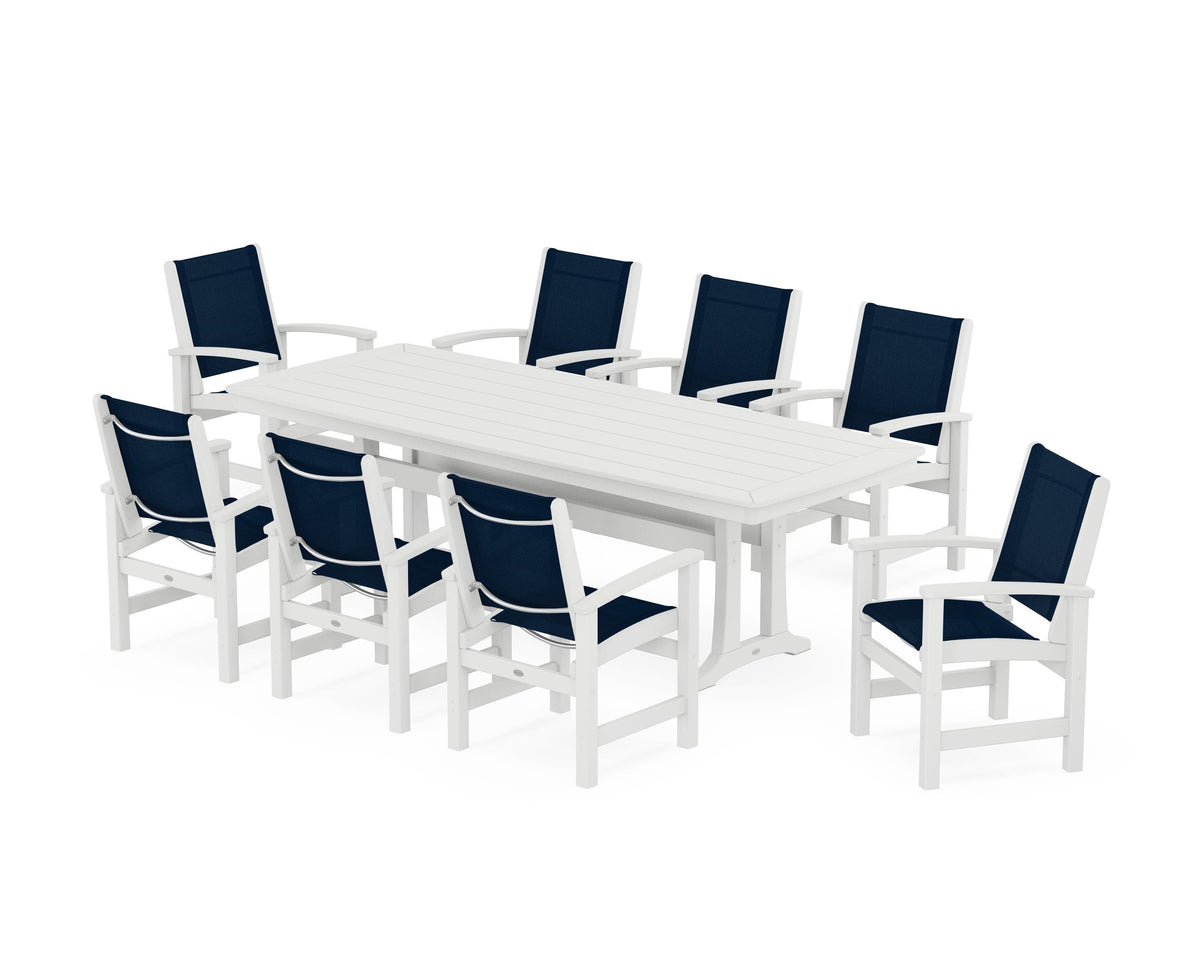 POLYWOOD Coastal 9-Piece Dining Set with Trestle Legs in White / Navy Blue