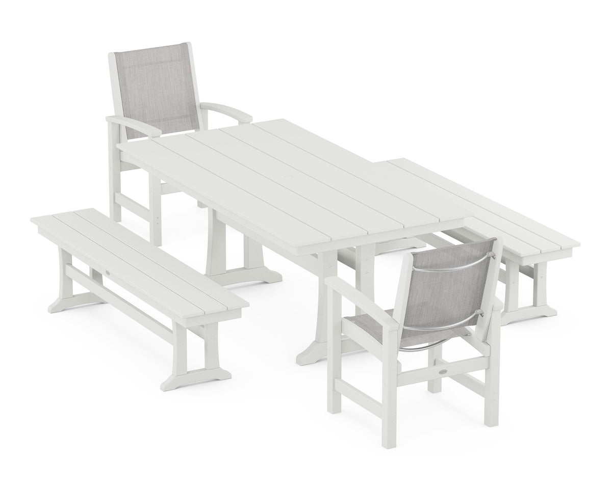 POLYWOOD Coastal 5-Piece Farmhouse Dining Set with Trestle Legs and Benches in Vintage White / Parchment