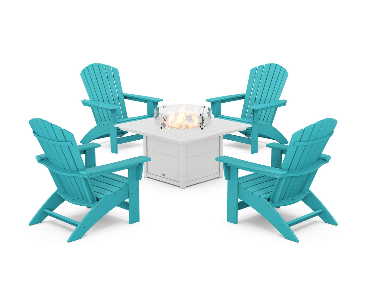 POLYWOOD 5-Piece Nautical Grand Adirondack Conversation Set with Fire Pit Table in Aruba / White