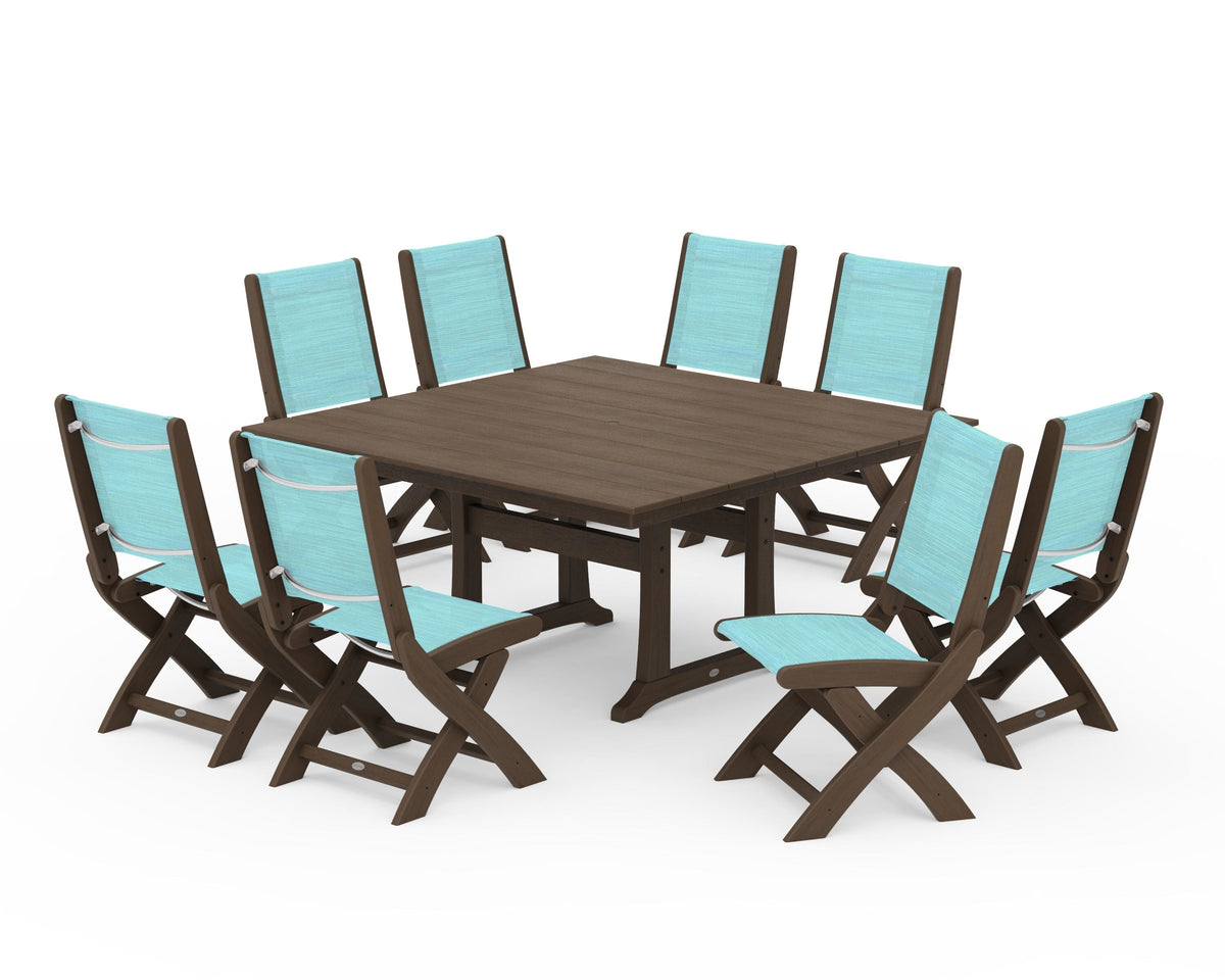 POLYWOOD Coastal Folding Side Chair 9-Piece Farmhouse Dining Set in Kona / Dupioni Aquamarine