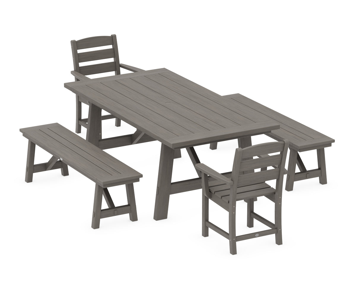 POLYWOOD Lakeside 5-Piece Rustic Farmhouse Dining Set with Benches in Driftwood
