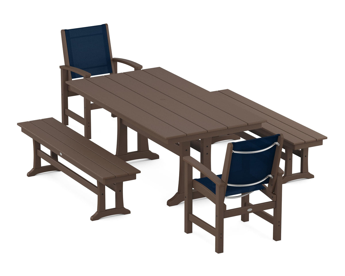 POLYWOOD Coastal 5-Piece Farmhouse Dining Set with Trestle Legs and Benches in Mahogany / Navy Blue