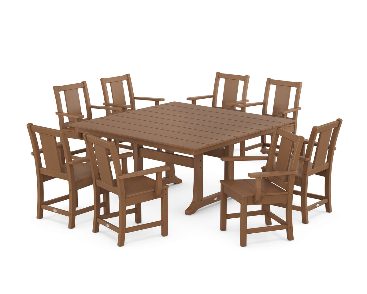POLYWOOD Prairie 9-Piece Square Farmhouse Dining Set with Trestle Legs in Teak