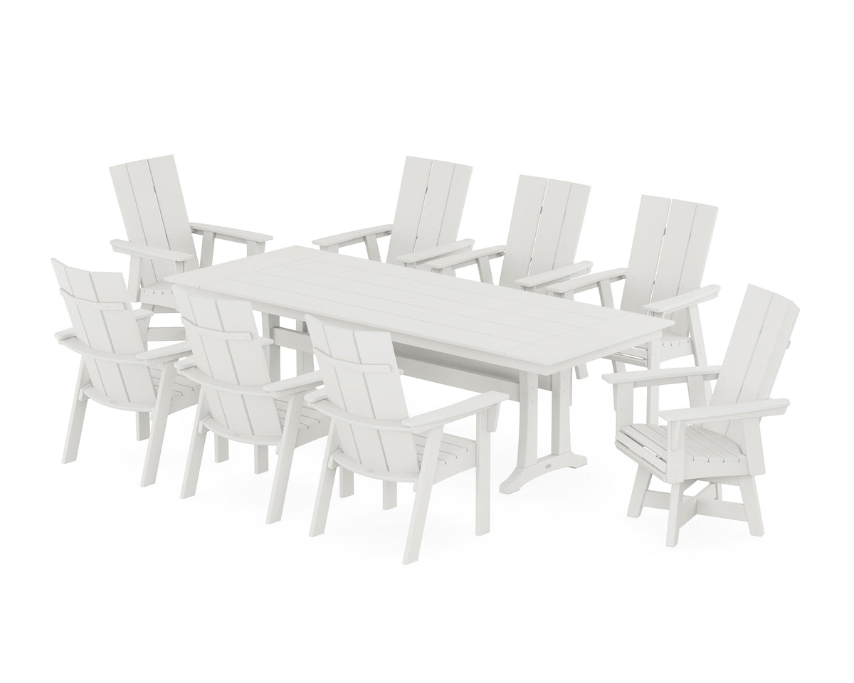 POLYWOOD Modern Curveback Adirondack Swivel 9-Piece Farmhouse Dining Set with Trestle Legs in Vintage White
