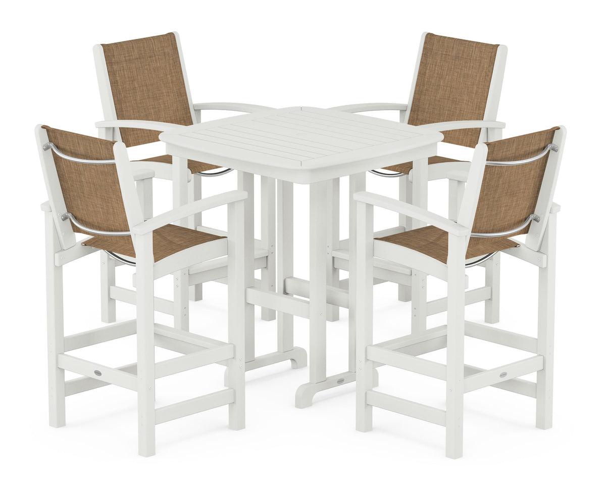 POLYWOOD Coastal 5-Piece Bar Set in Vintage White / Burlap