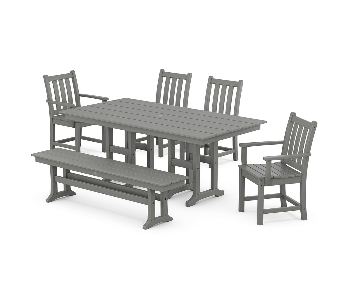 POLYWOOD Traditional Garden 6-Piece Farmhouse Dining Set with Bench in Slate Grey