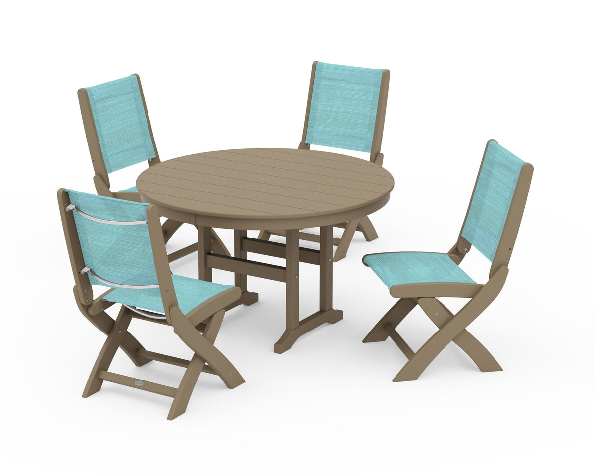 POLYWOOD Coastal Folding Side Chair 5-Piece Round Dining Set in Vintage Sahara / Dupioni Aquamarine