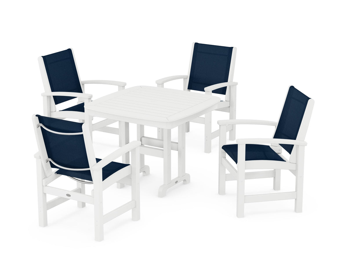 POLYWOOD Coastal 5-Piece Dining Set with Nautical 37" Dining Table in White / Navy Blue