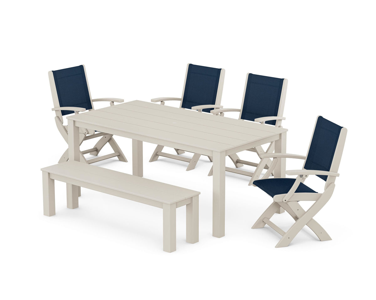 POLYWOOD Coastal Folding Chair 6-Piece Parsons Dining Set with Bench in Sand / Navy Blue