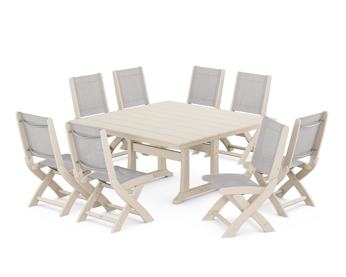POLYWOOD Coastal Folding Side Chair 9-Piece Farmhouse Dining Set in Sand / Parchment