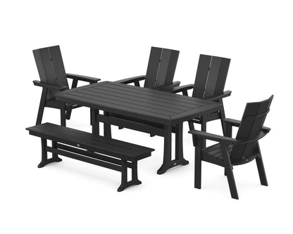 POLYWOOD Modern Curveback Adirondack 6-Piece Farmhouse Dining Set with Trestle Legs and Bench - 38" x 73" Table in Black