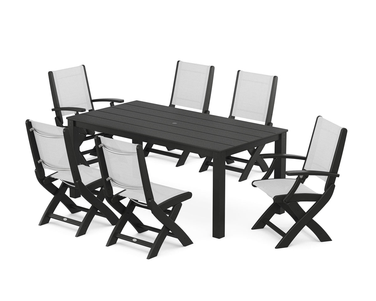 POLYWOOD Coastal Folding Chair 7-Piece Parsons Dining Set with Coastal Folding Side Chair in Black / White