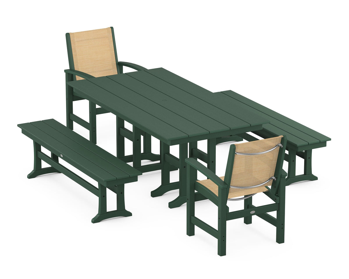 POLYWOOD Coastal 5-Piece Farmhouse Dining Set with Farmhouse 37" x 72" Dining Table in Green / Dupioni Apricot