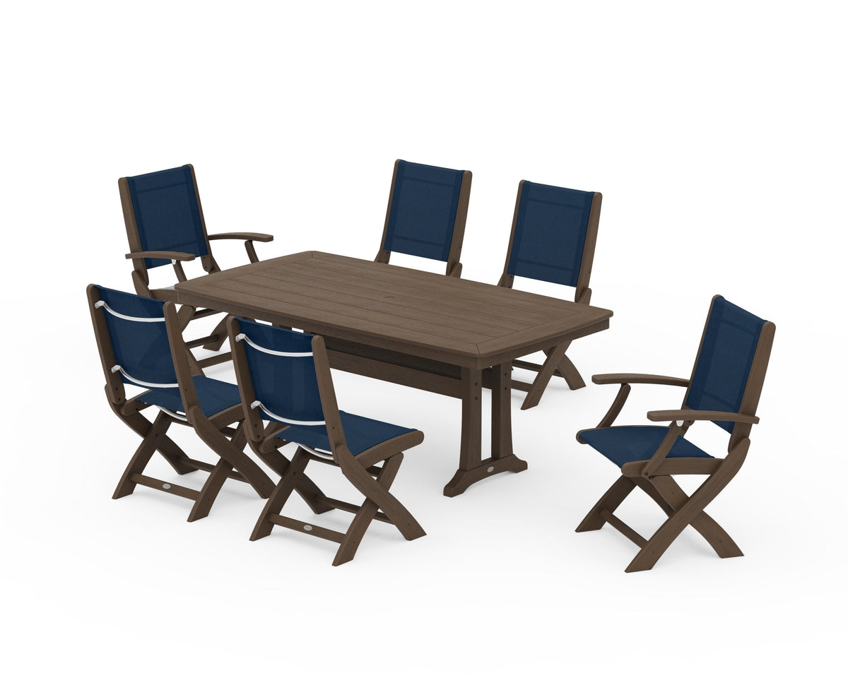 POLYWOOD Coastal Folding Chair 7-Piece Dining Set with Trestle Legs with Nautical Trestle 38" x 73" Dining Table in Kona / Navy Blue