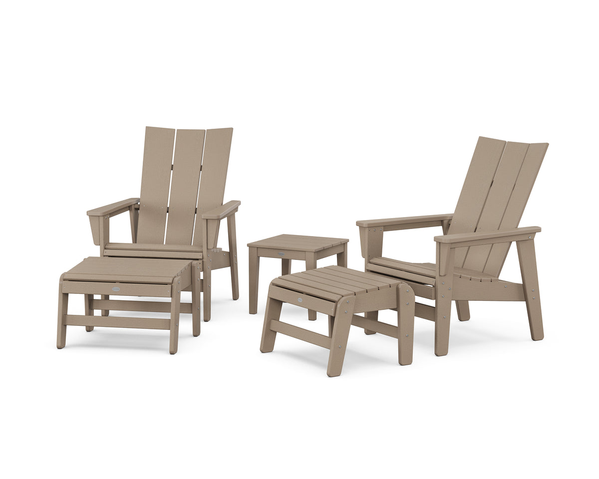 POLYWOOD 5-Piece Modern Grand Upright Adirondack Set with Ottomans and Side Table in Vintage Sahara