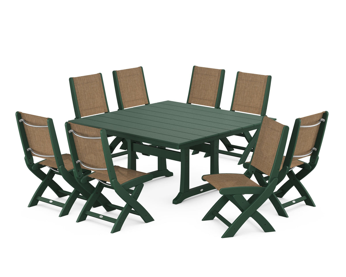 POLYWOOD Coastal Folding Side Chair 9-Piece Farmhouse Dining Set in Green / Burlap