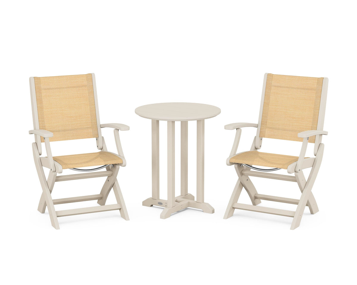 POLYWOOD Coastal Folding 3-Piece Round Bistro Dining Set in Sand / Dupioni Apricot