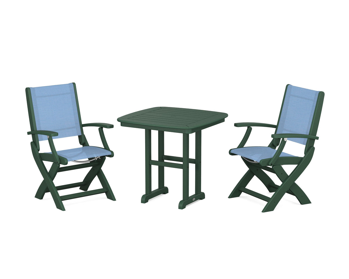 POLYWOOD Coastal Folding Chair 3-Piece Dining Set in Green / Poolside