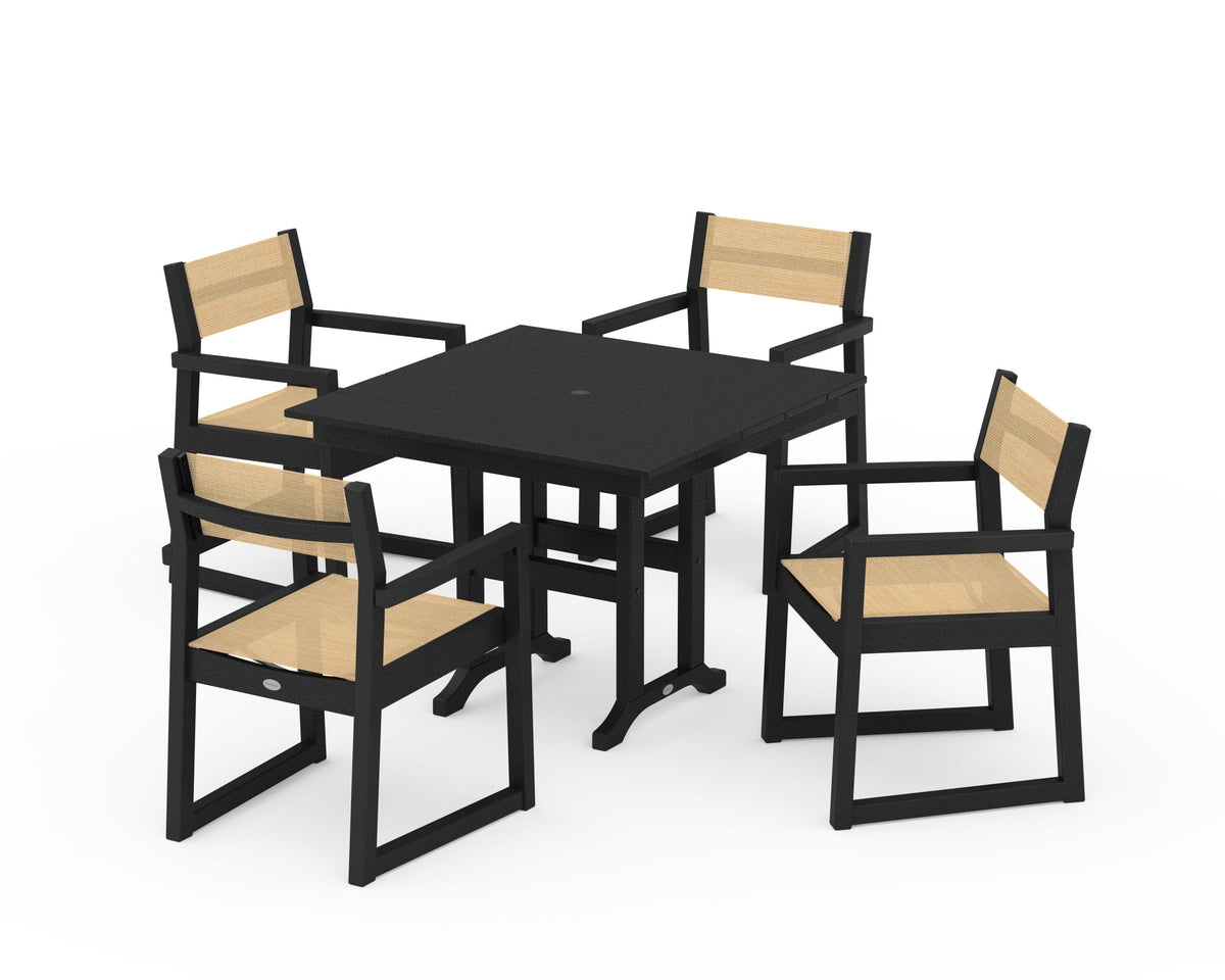 POLYWOOD EDGE Sling Arm Chair 5-Piece Farmhouse Dining Set in Black / Dupioni Apricot