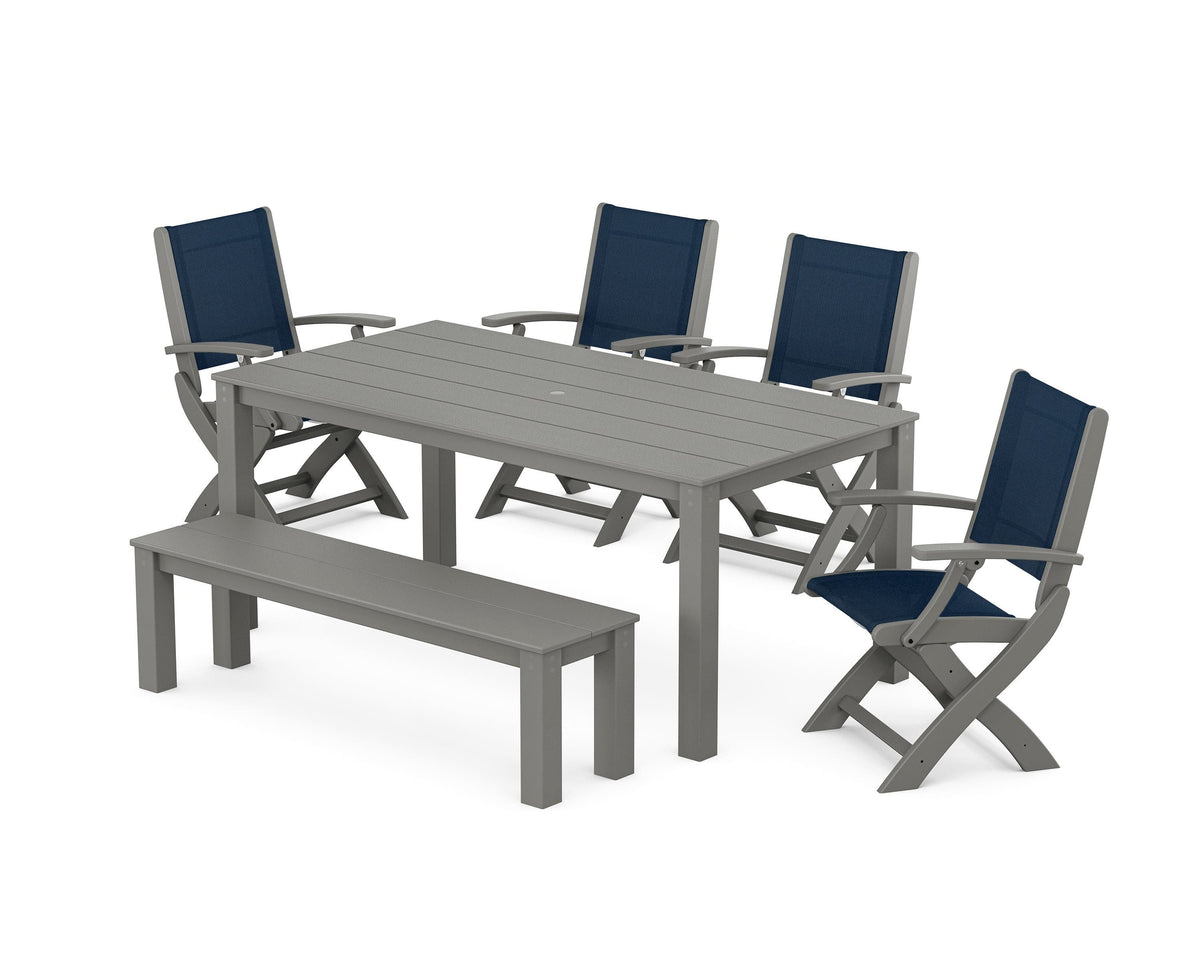 POLYWOOD Coastal Folding Chair 6-Piece Parsons Dining Set with Bench in Slate Grey / Navy Blue