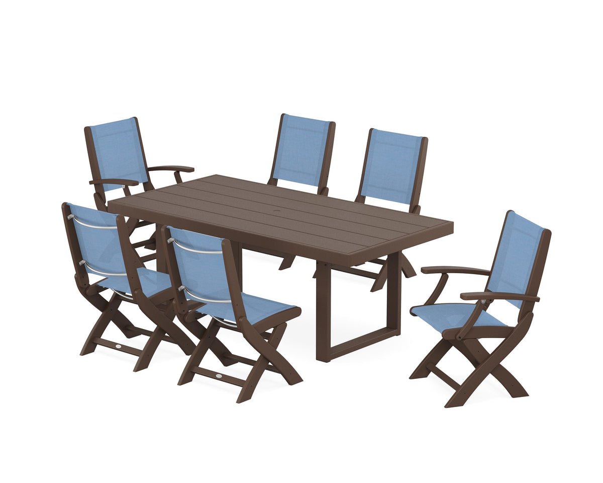 POLYWOOD Coastal Folding Chair 7-Piece Dining Set with Trestle Legs with EDGE 40" x 78" Dining Table in Mahogany / Poolside