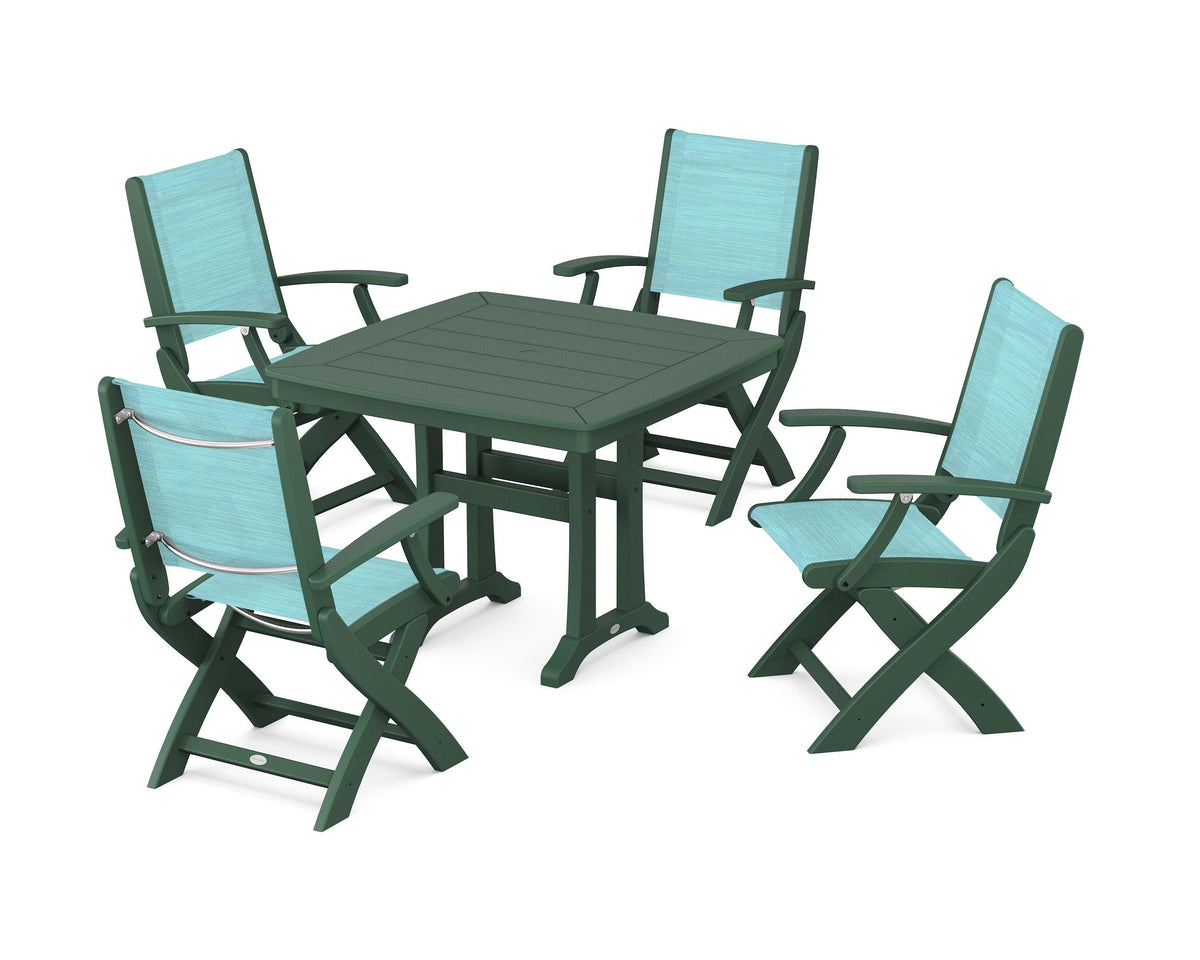 POLYWOOD Coastal Folding Chair 5-Piece Dining Set with Trestle Legs in Green / Dupioni Aquamarine