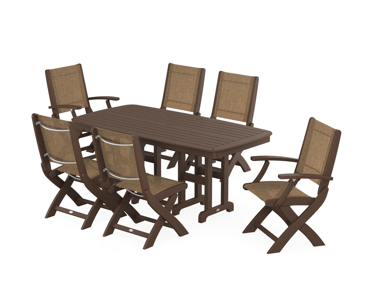 POLYWOOD Coastal Folding Chair 7-Piece Dining Set in Mahogany / Burlap