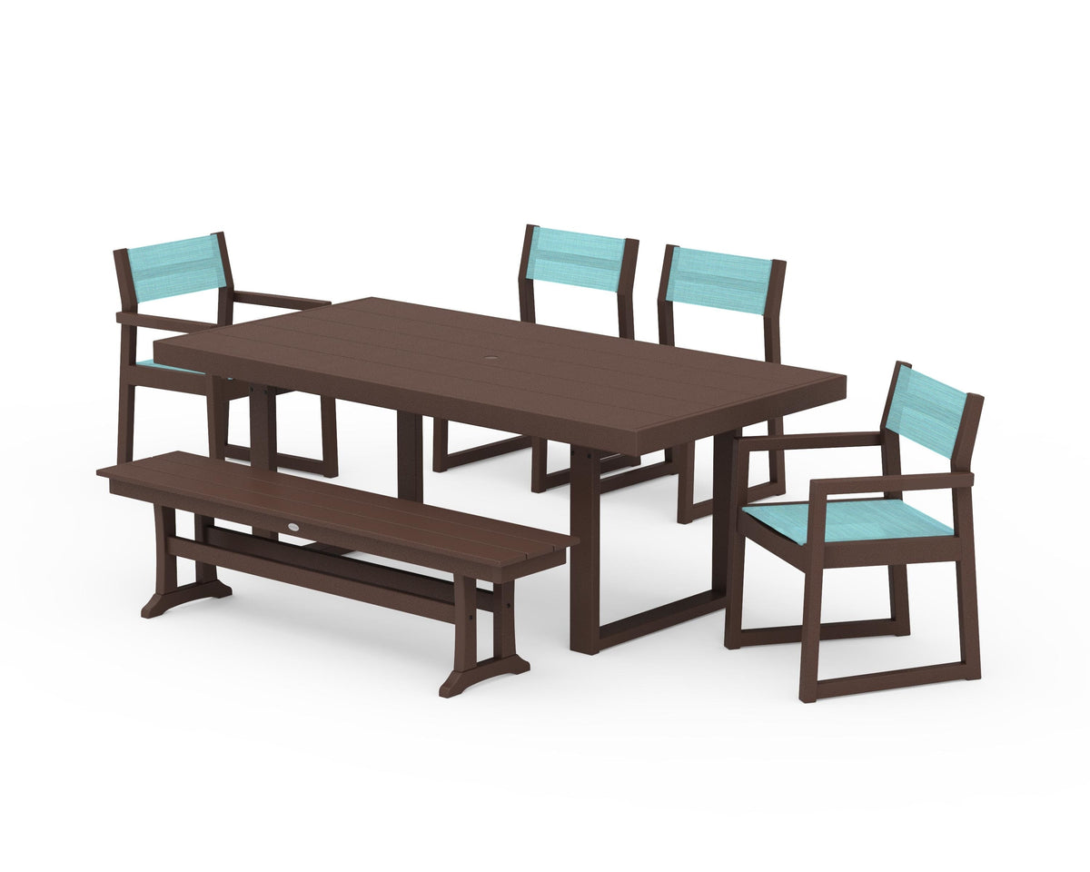 POLYWOOD EDGE Sling 6-Piece Dining Set with Bench in Mahogany / Dupioni Aquamarine