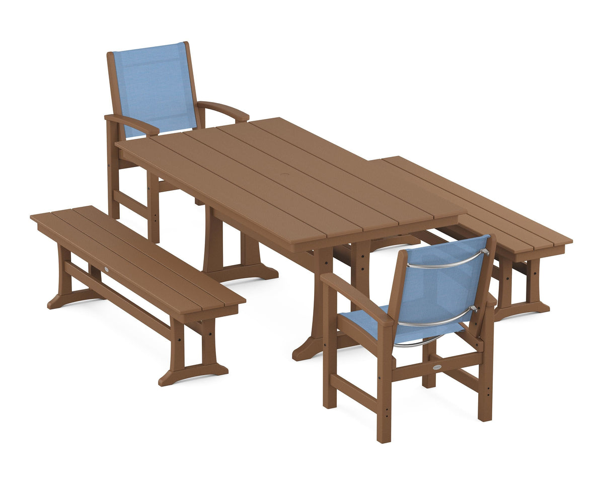 POLYWOOD Coastal 5-Piece Farmhouse Dining Set with Trestle Legs and Benches in Teak / Poolside