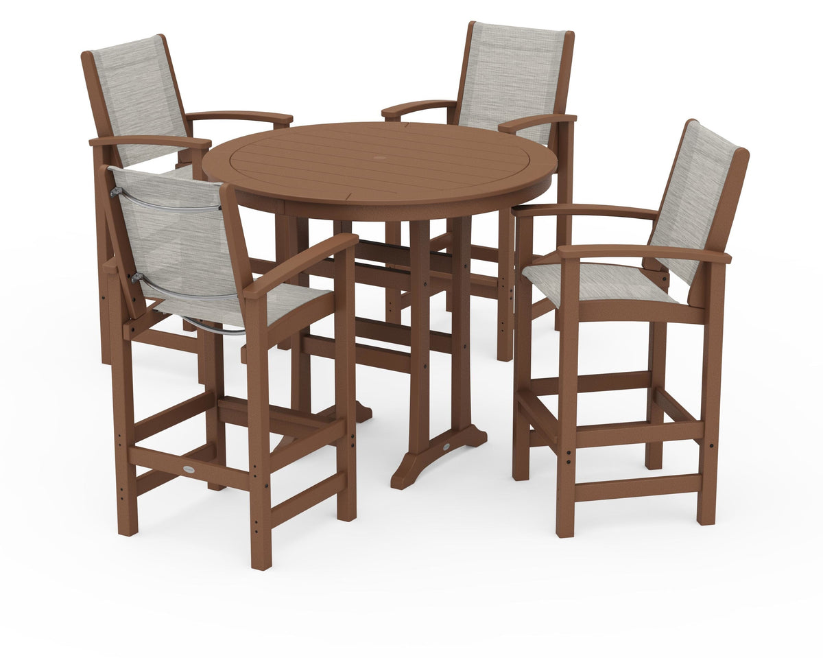 POLYWOOD Coastal 5-Piece Nautical Trestle Bar Set in Teak / Birch