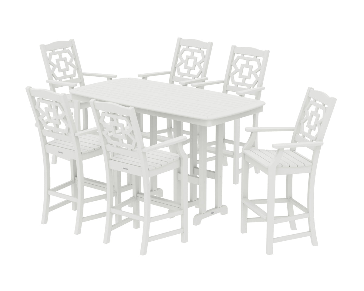 POLYWOOD Chinoiserie Arm Chair 7-Piece Bar Set in Vintage White