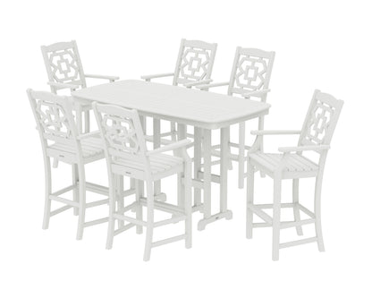 POLYWOOD Chinoiserie Arm Chair 7-Piece Bar Set in Vintage White
