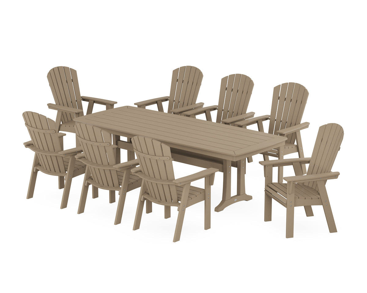 POLYWOOD Nautical Curveback Adirondack 9-Piece Dining Set with Trestle Legs in Vintage Sahara