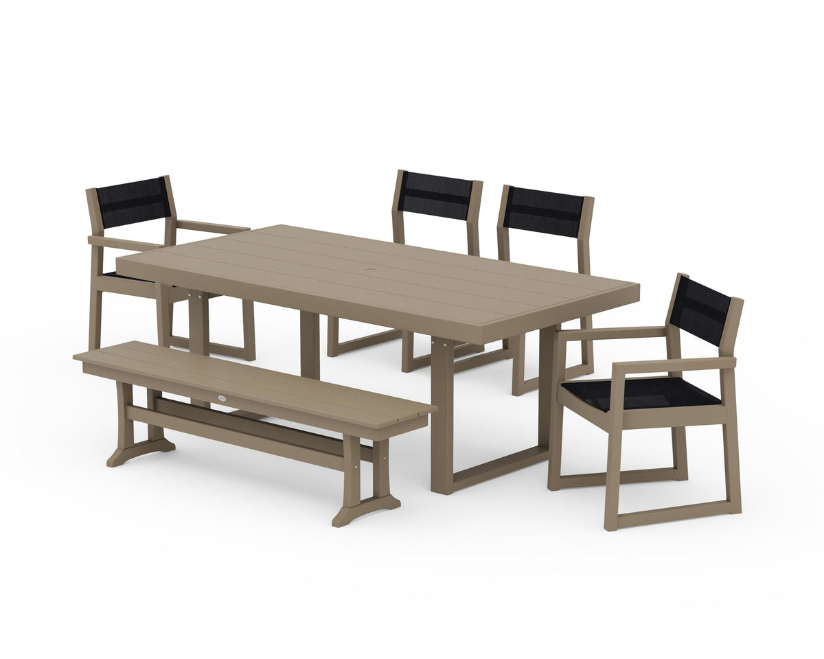 POLYWOOD EDGE Sling 6-Piece Dining Set with Bench in Vintage Sahara / Black